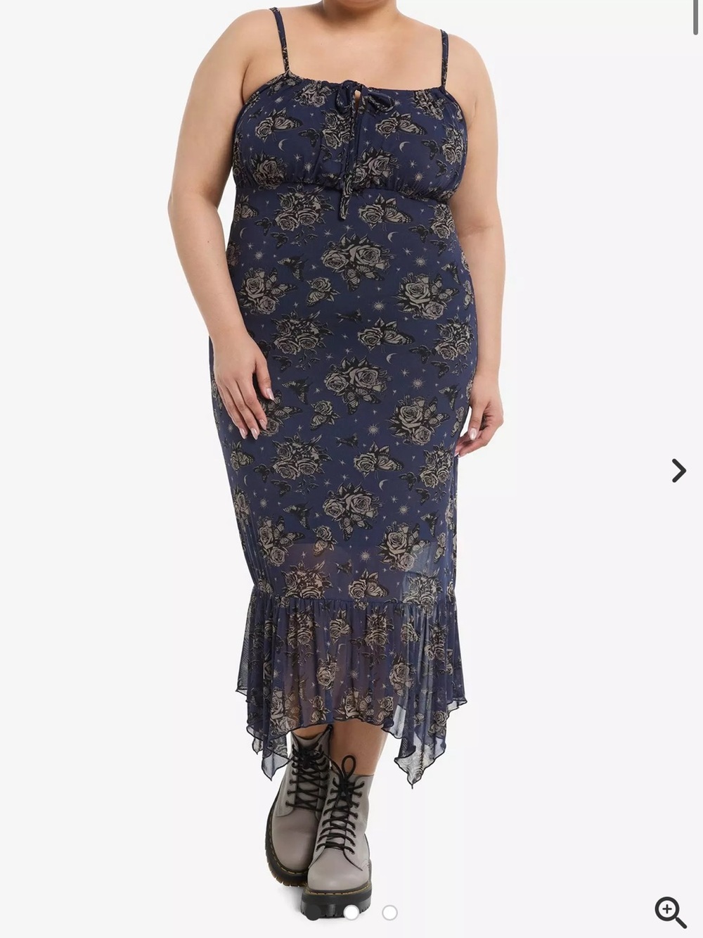 Hot Topic Cosmic Aura Blue Rose Butterfly Hanky Hem Midi Dress Sz 2 NWT Goth